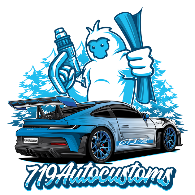 Blue-and-white cartoon car customization logo with a stylized mascot holding detailing tools and “719Autocustoms” text