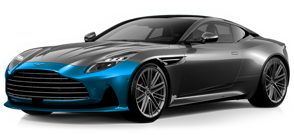 Blue and black sports coupe on a white background, angled front-left view