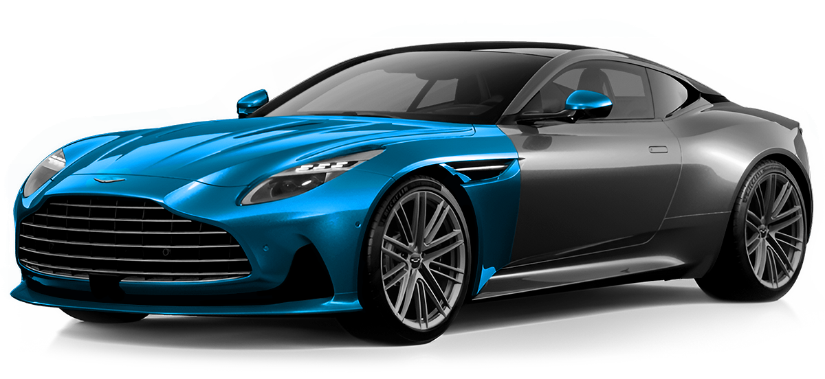 Blue and black sports car on a white background, angled front view