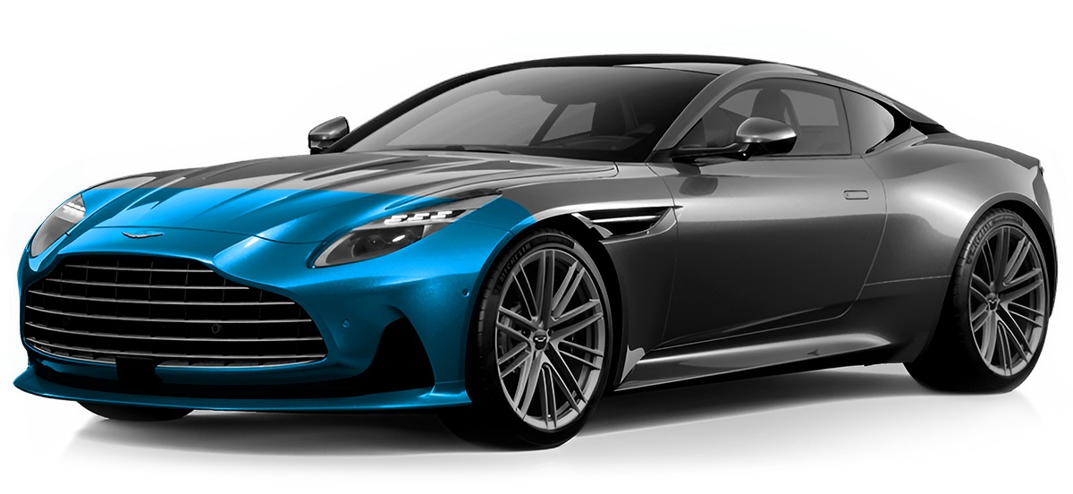 Blue and black sports coupe on a white background, angled front-left view