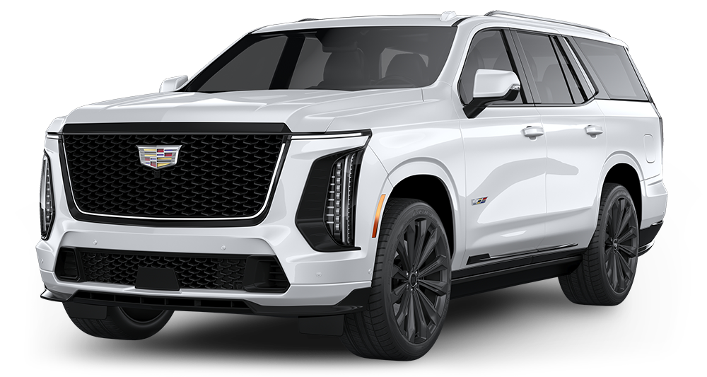 White Cadillac SUV in a studio-style front three-quarter view on a plain background