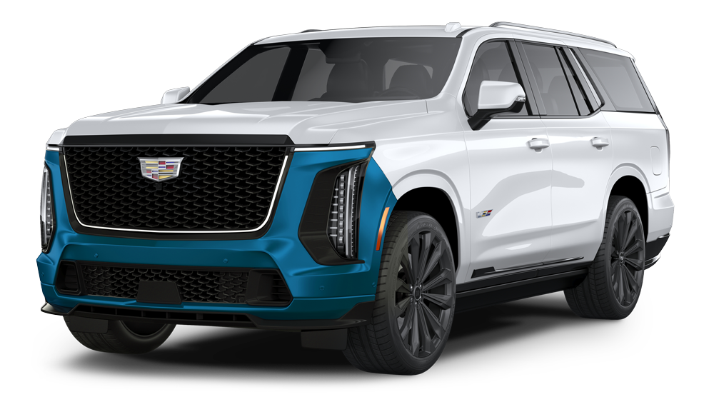 Blue and white luxury SUV on a white background, front three-quarter view