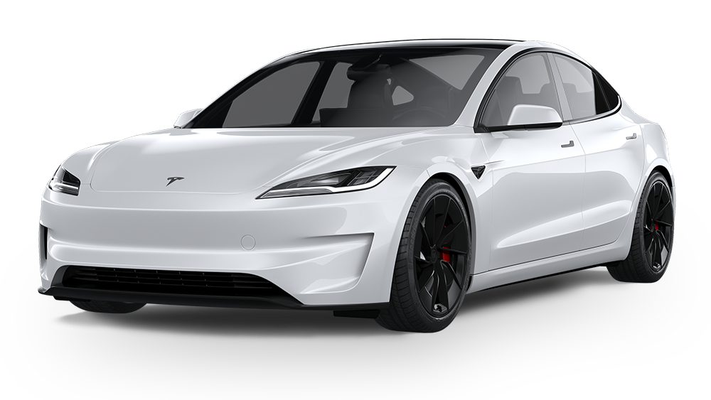 Silver Tesla sedan angled front view on a white background