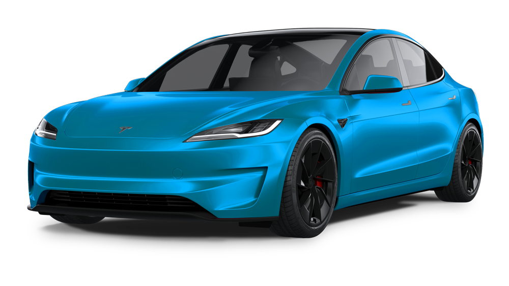 Blue Tesla-style electric sedan on a white background, front three-quarter view