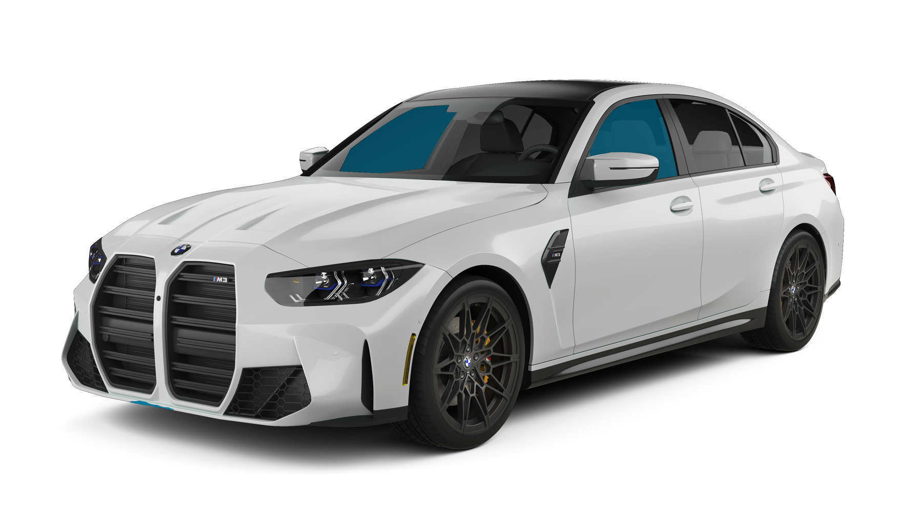 A white BMW M3 sedan with a black roof and black wheels, shown at a three-quarter angle against a white background.