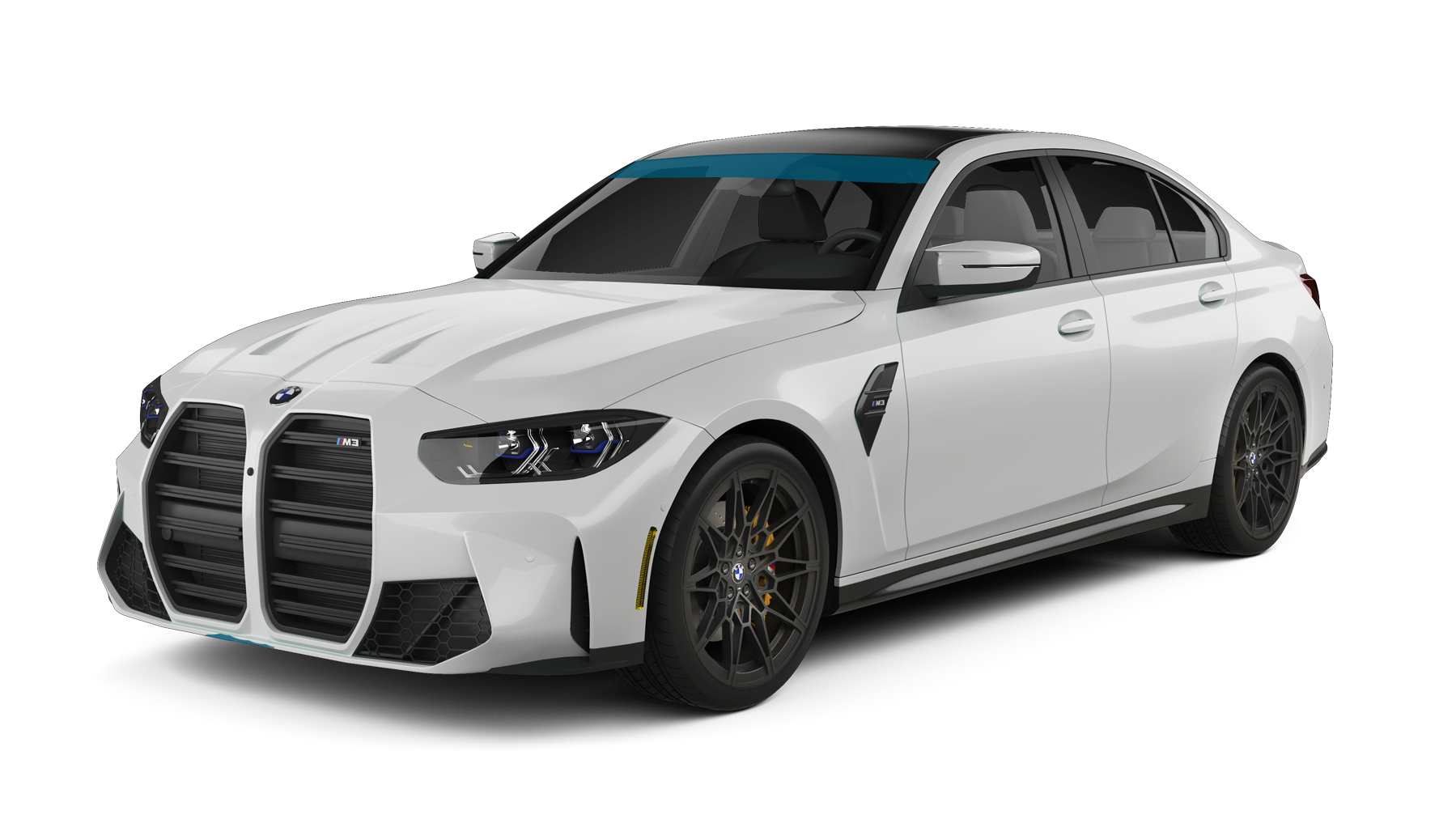 A white BMW M3 sedan with black wheels and a black roof viewed from a front-quarter angle against a white background.