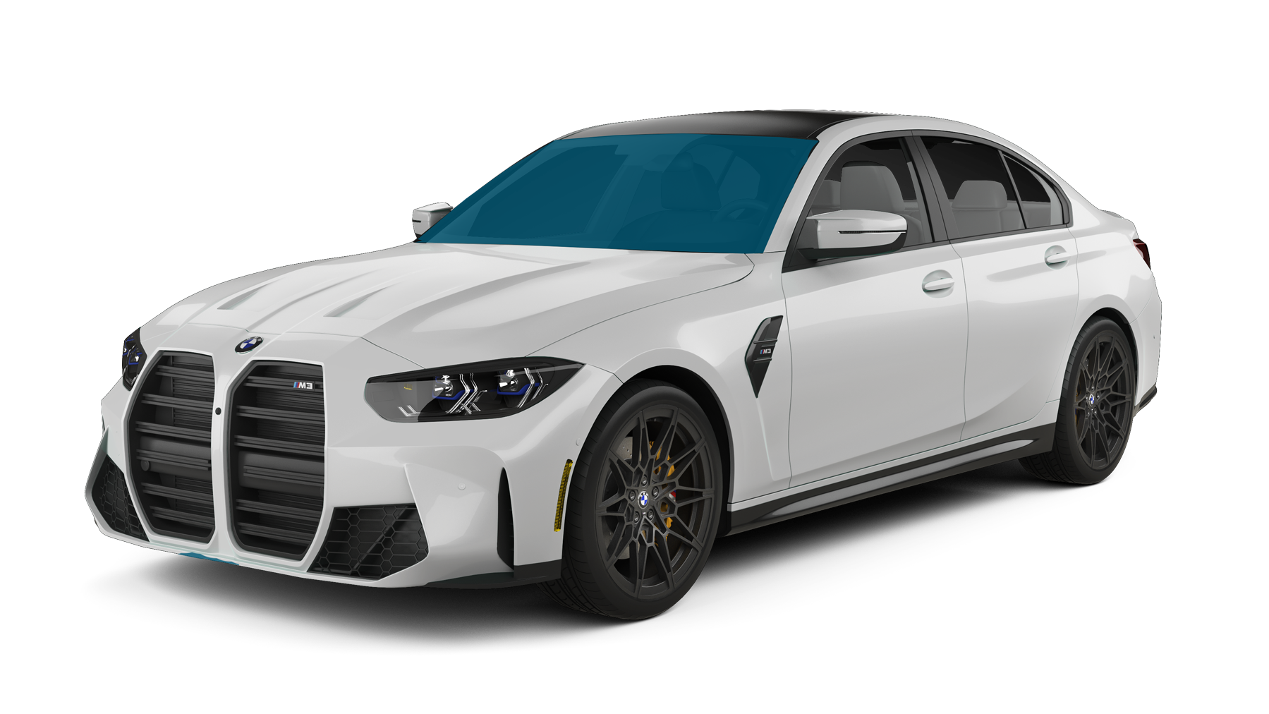 A white BMW M3 sedan with black wheels and a black roof viewed from a front-quarter angle.