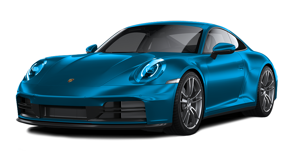 A metallic blue Porsche 911 coupe parked at a slight angle.