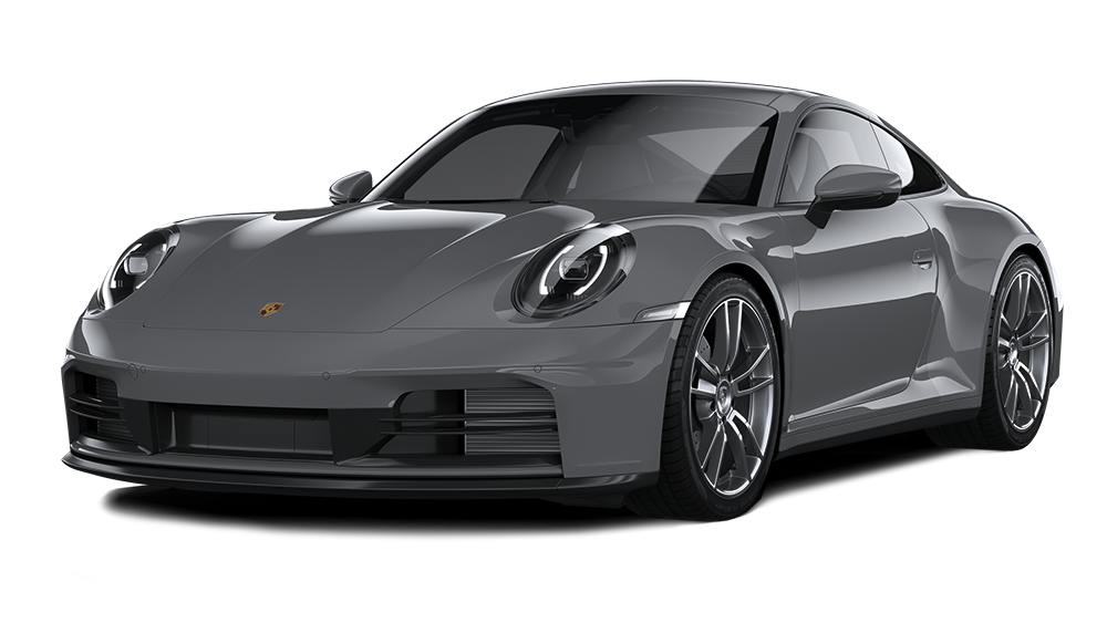 A gray Porsche 911 coupe viewed from the front three-quarter angle against a plain white background.