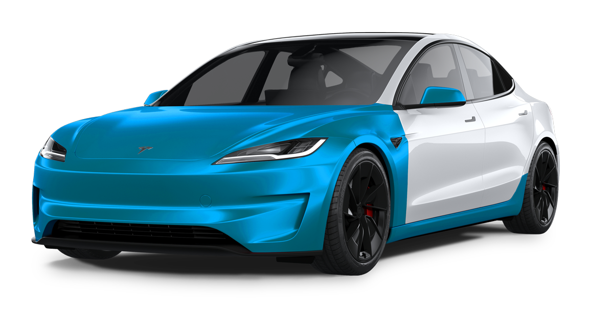 A white Tesla Model 3 with a bright cyan-colored hood and front fenders, viewed from the front-left angle.