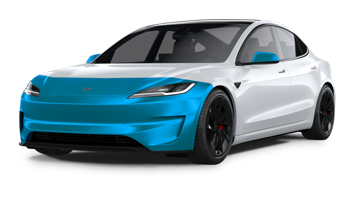 A white Tesla with a blue highlighted front bumper and side mirrors against a white background.