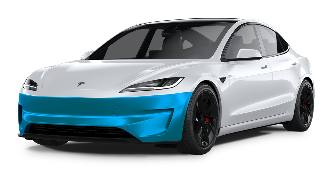 White Tesla Model 3 with a bright blue highlighted front bumper, viewed from a front-quarter angle against a white background.