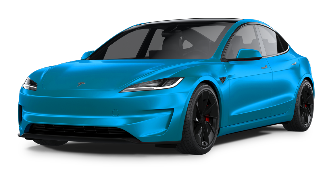 A bright blue Tesla Model 3 sedan with black wheels shown from a front-quarter perspective against a white background.