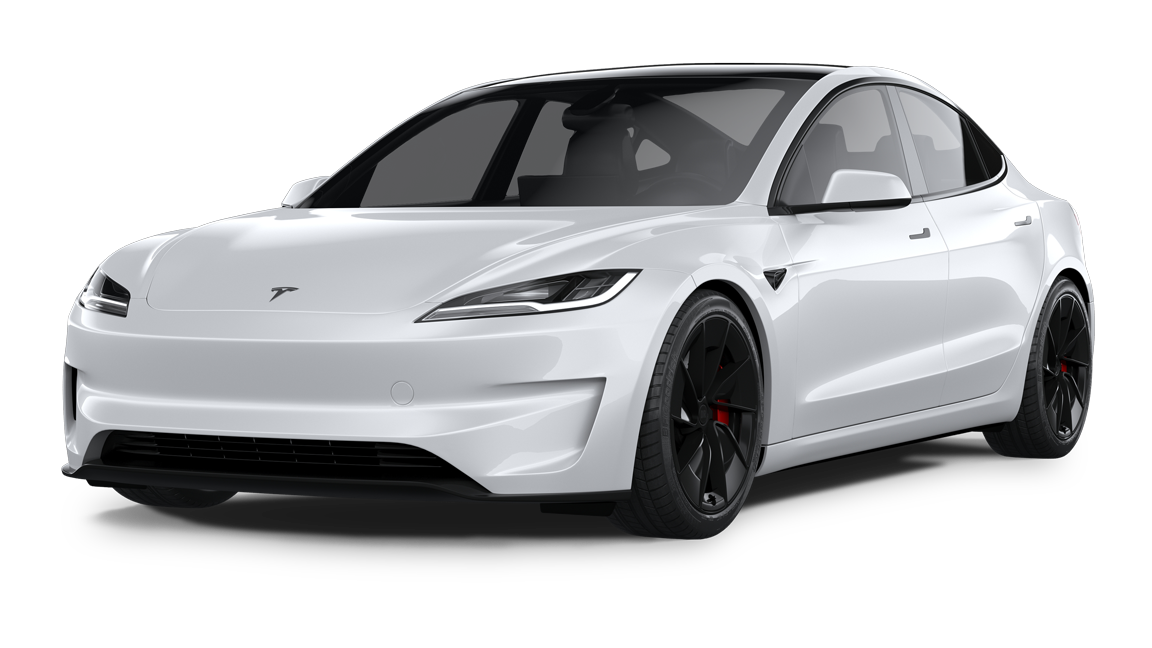 A white Tesla Model 3 sedan with black wheels shown from a front-quarter angle against a plain white background.