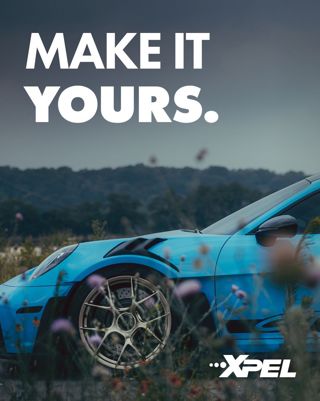 A bright blue sports car with gold wheels parked in a grassy field, with 
