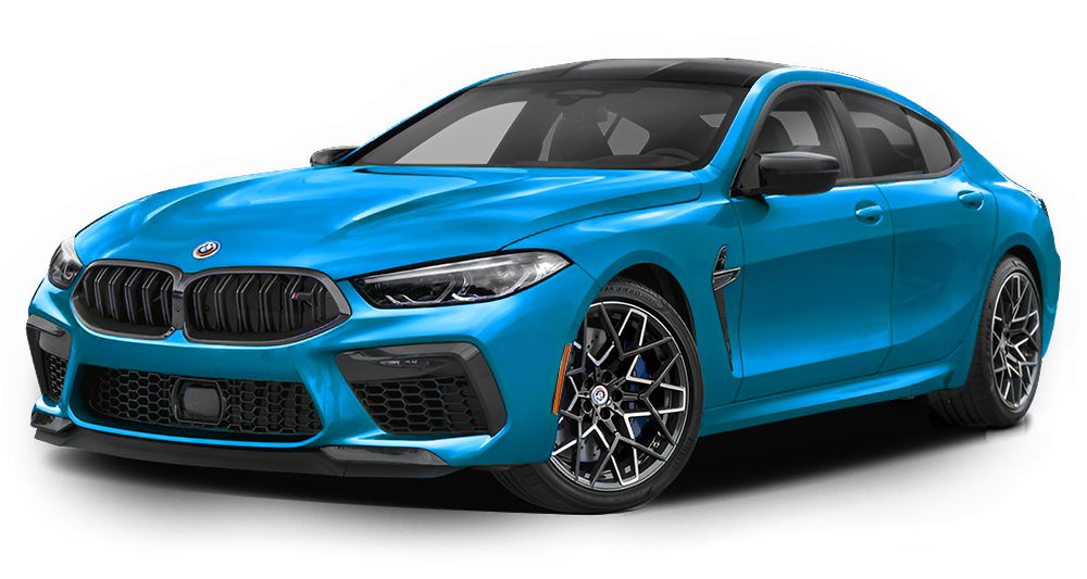 A bright blue BMW M8 Gran Coupe sits against a white background, viewed from the front three-quarter angle.