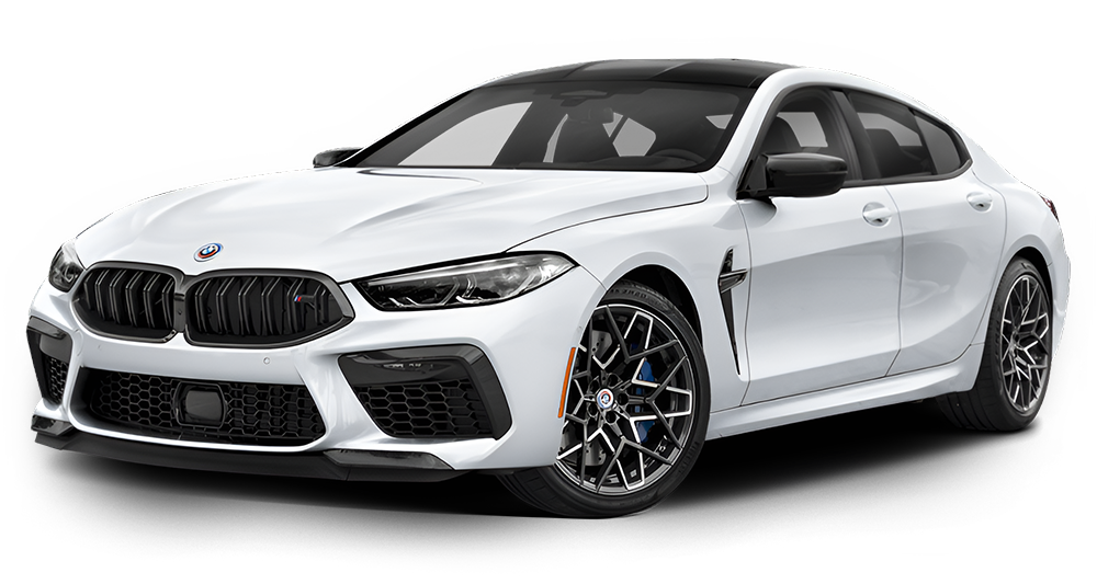 A white BMW M8 Gran Coupe with a black roof and dark alloy wheels, angled from the front left against a white background.