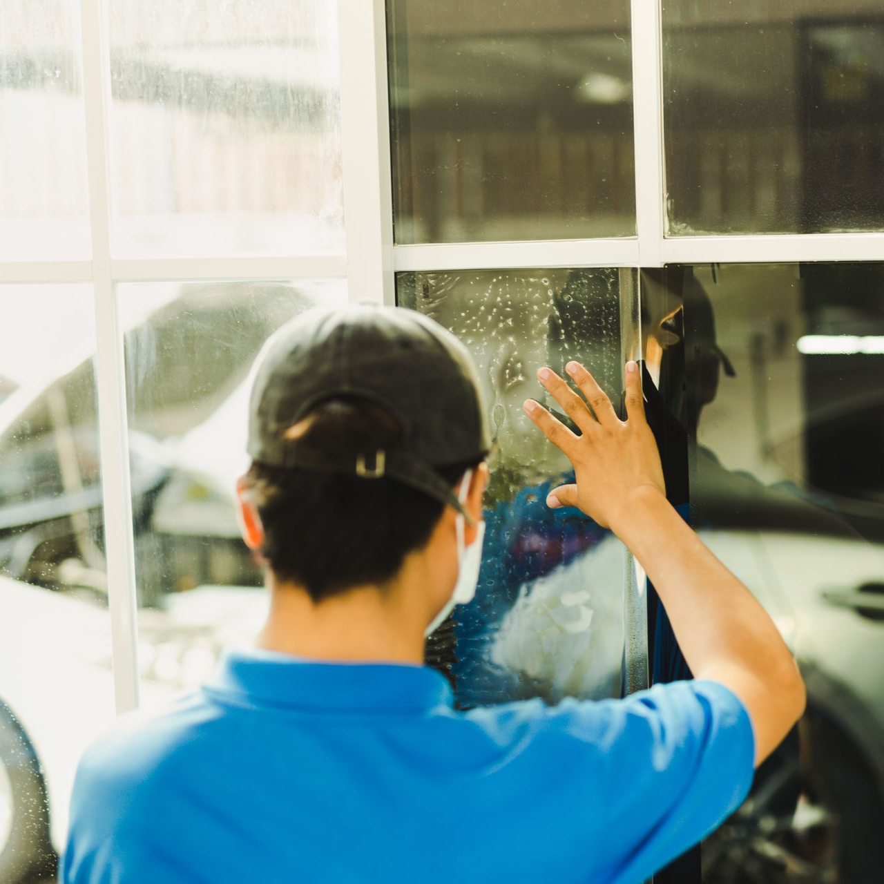 A person in a blue shirt and baseball cap applying a window tint film to a glass pane.