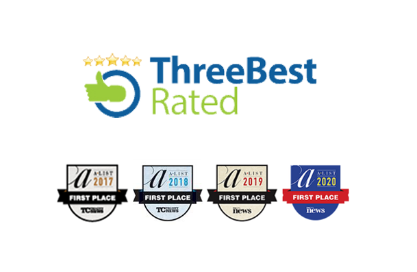 ThreeBest Rated logo with four annual “First Place” award badges beneath it on a white background