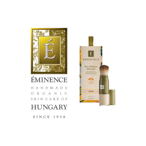 ÉMINENCE organic skincare product display in gold and white packaging for Hungary