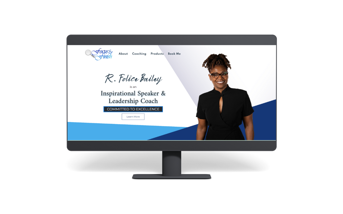 An example of a website we designed for a business coach with gray and blue design and a lady in the header. 