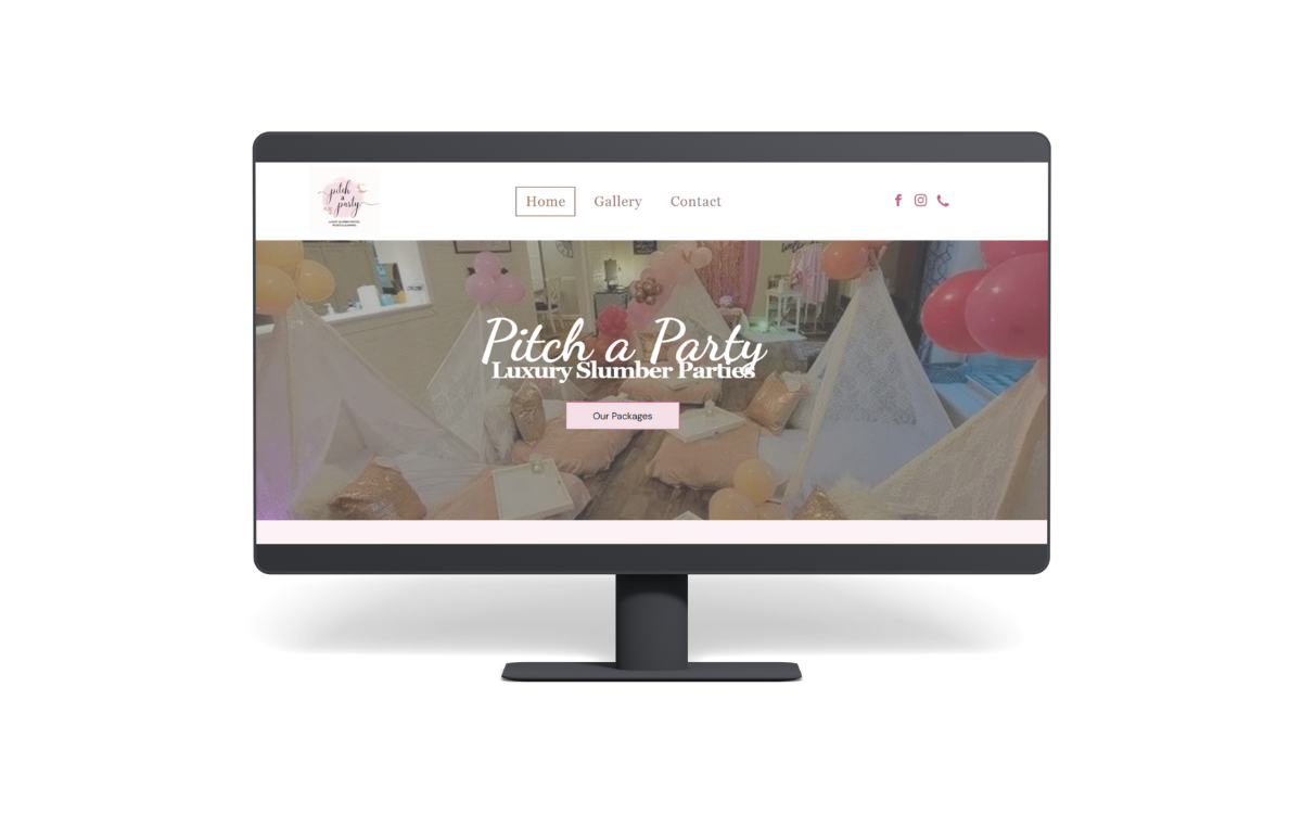 An example of our website design service for a local party service with a pink logo and a tent party background