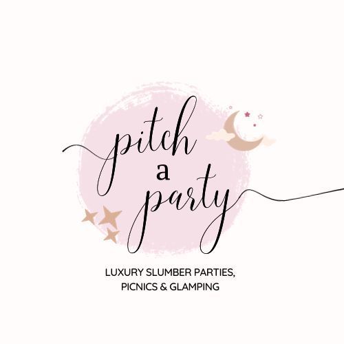 A logo designed for a party company with a soft pink circle background and moon and stars