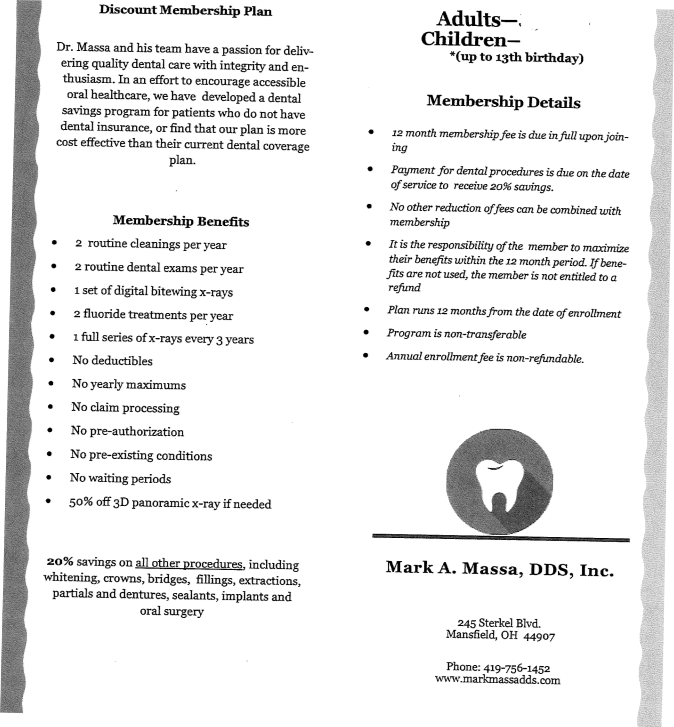 Dental membership plan brochure with pricing and benefits.