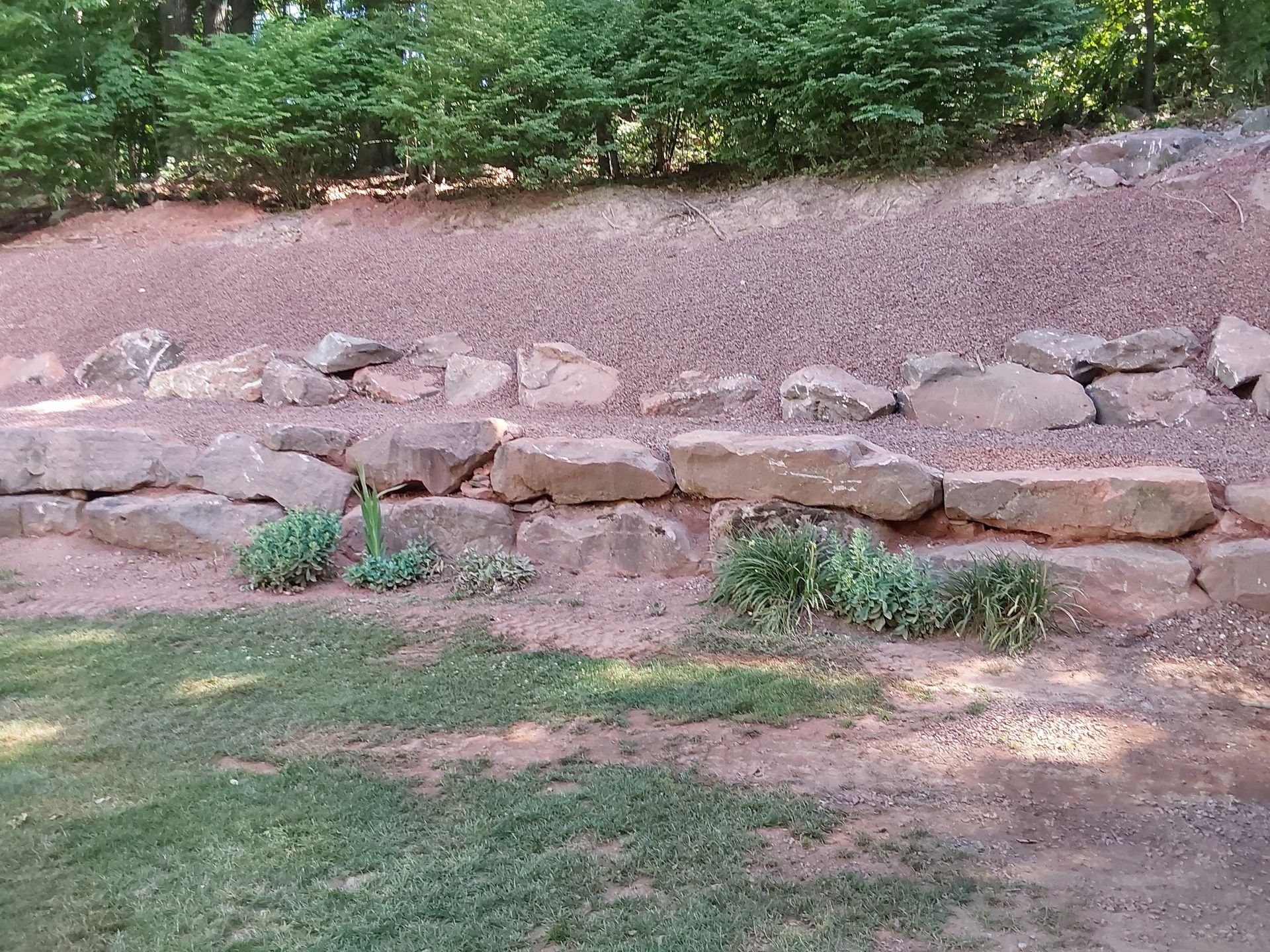 a rock wall is surrounded by grass and trees in a park