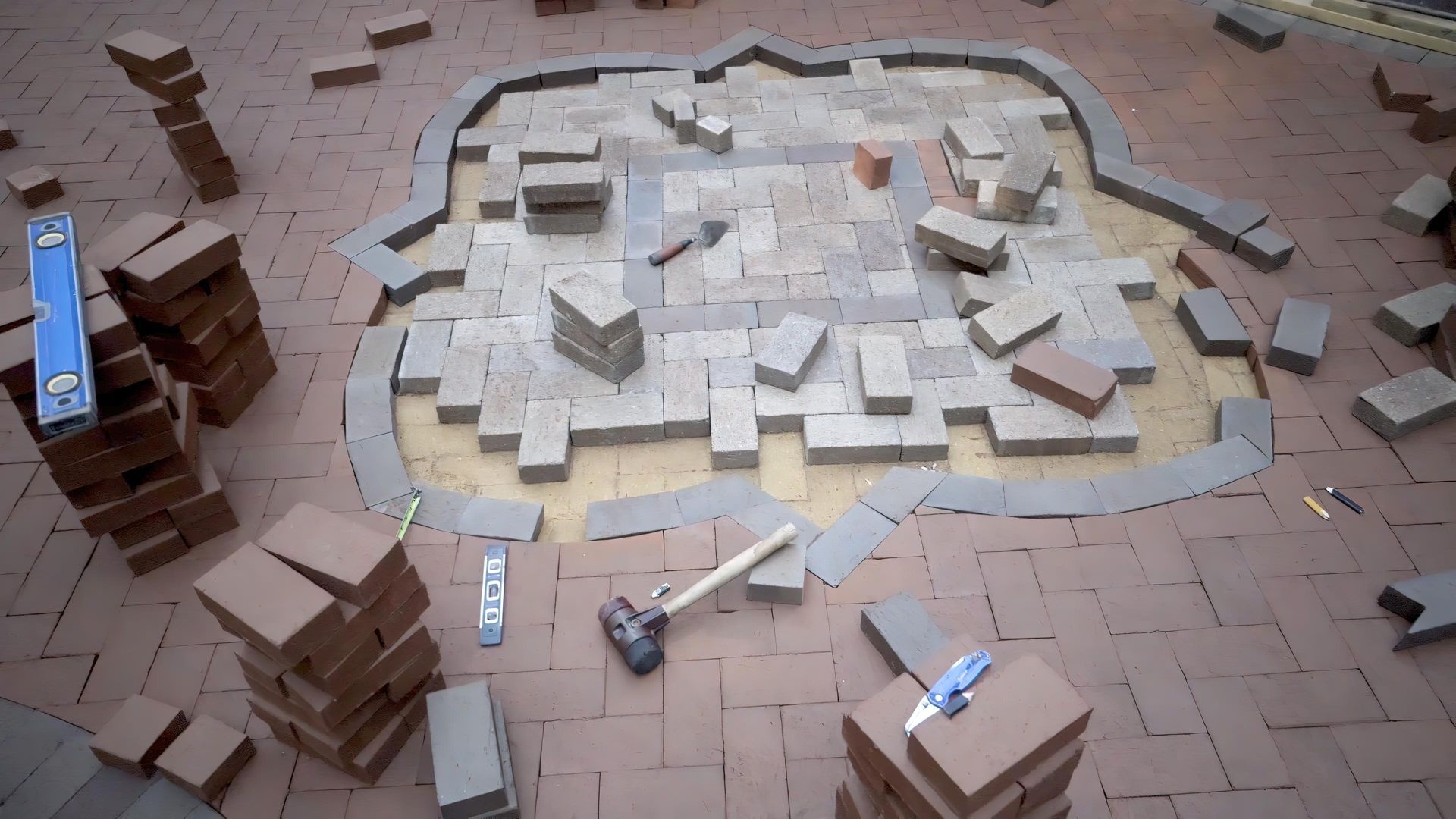 a lot of bricks are laying on the ground