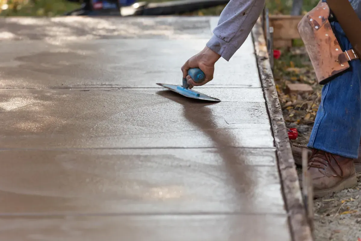 Worker smoothing wet concrete with a trowel along a curb outdoors