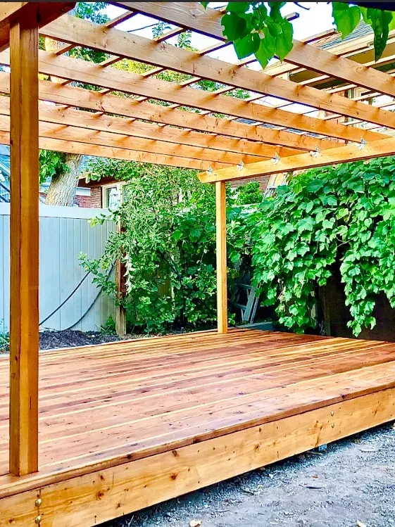 Wooden backyard deck with pergola and lush green ivy-covered fence