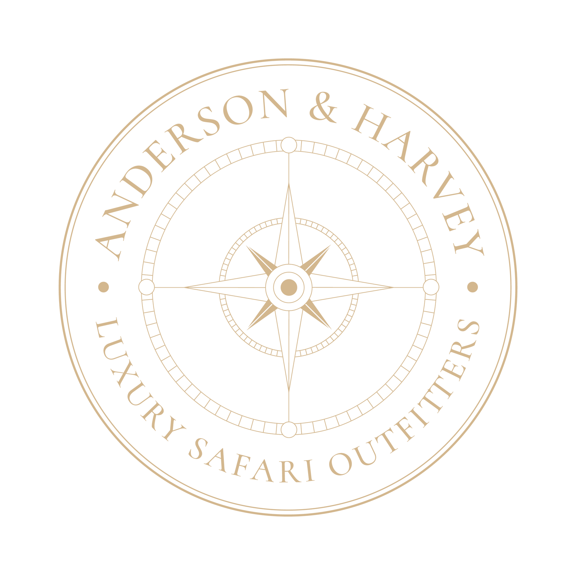 A circular logo in light tan featuring a compass rose in the center with the text