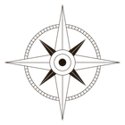 A stylized, black-and-white 8-point compass rose with a central dot enclosed in concentric circles.