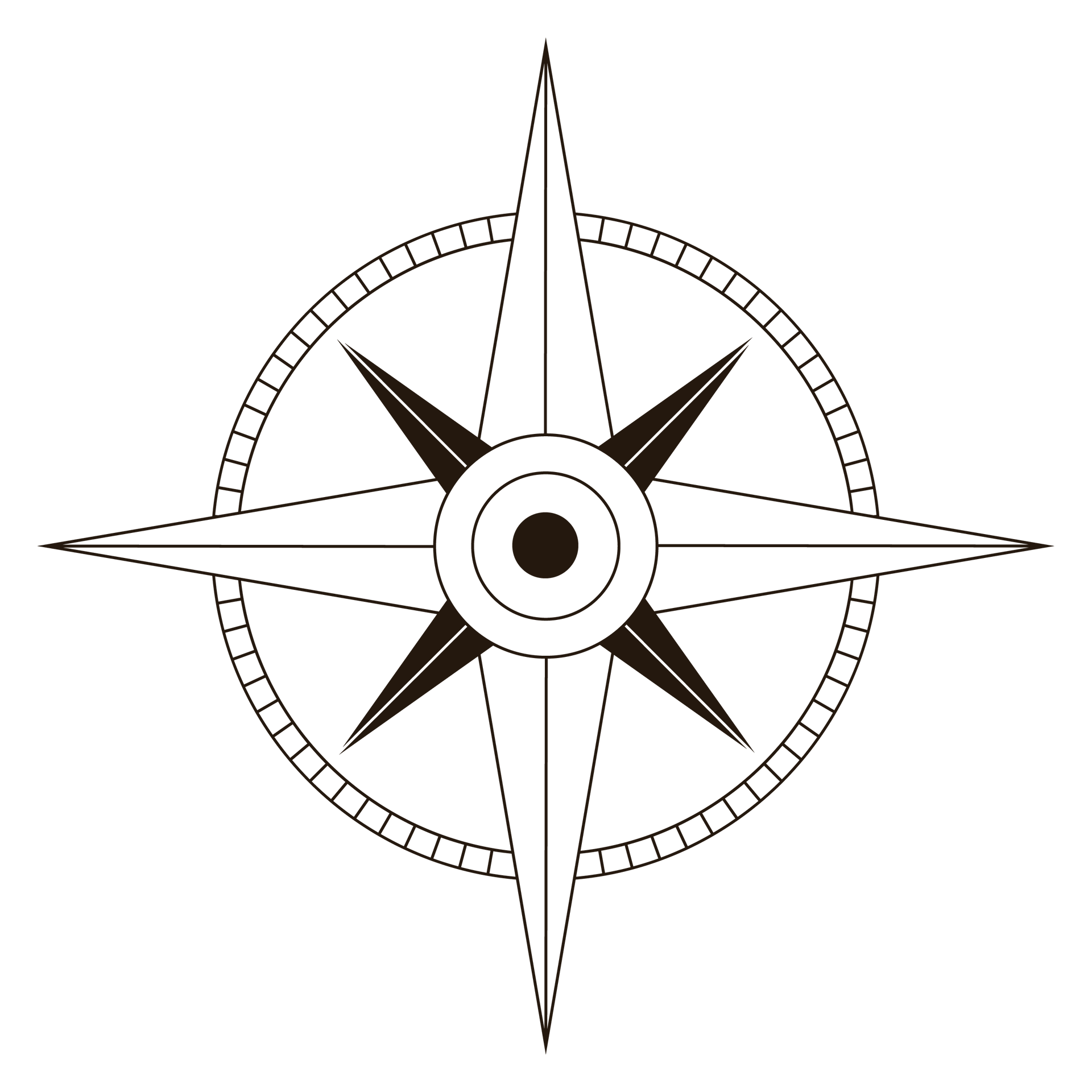 A stylized, black-and-white 8-point compass rose with a central dot enclosed in concentric circles.