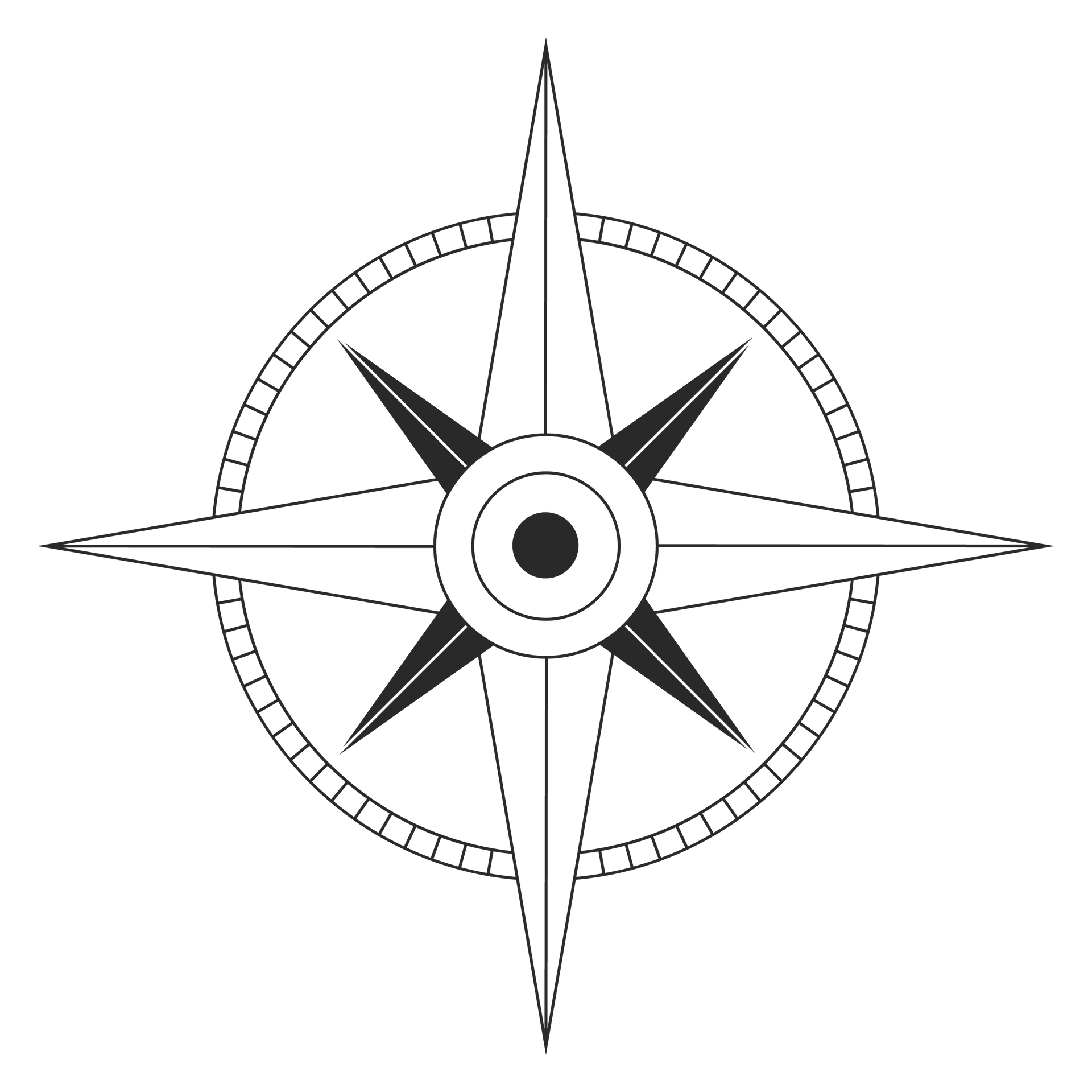 A classic black and white 8-pointed nautical compass rose.