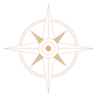 A minimalist, gold-toned compass rose on a white background, featuring four long points and four shorter diagonal points.