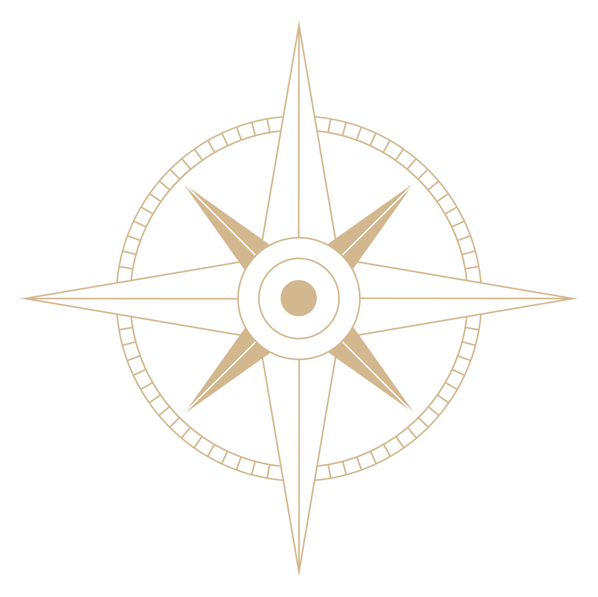 A minimalist, gold-toned compass rose on a white background, featuring four long points and four shorter diagonal points.