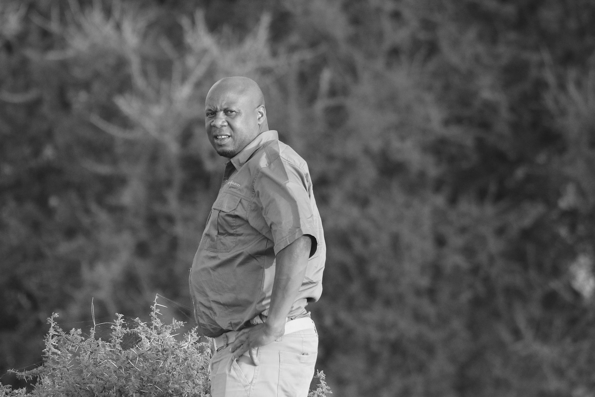 A person wearing a short-sleeved button-up shirt and light-colored pants stands outdoors, looking back over their shoulder.