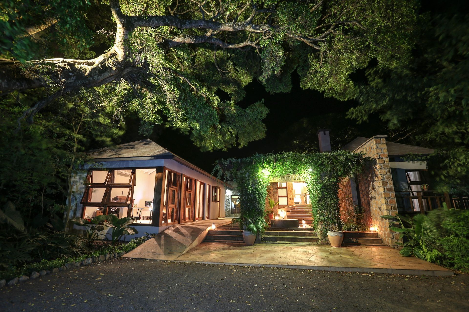 A lit-up stone cottage at night surrounded by lush, dark trees and greenery, with warm light glowing from the windows.