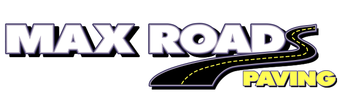 Logo for Max Road Paving. Black road with yellow lines, over 