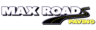 Logo for Max Road Paving. Black road with yellow lines, over 