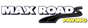 Logo for Max Road Paving. Black road with yellow lines, over 
