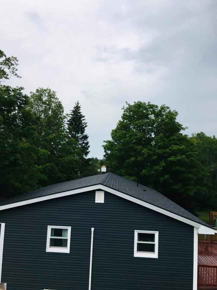 Dark blue house with white trim beneath cloudy sky, surrounded by tall green trees