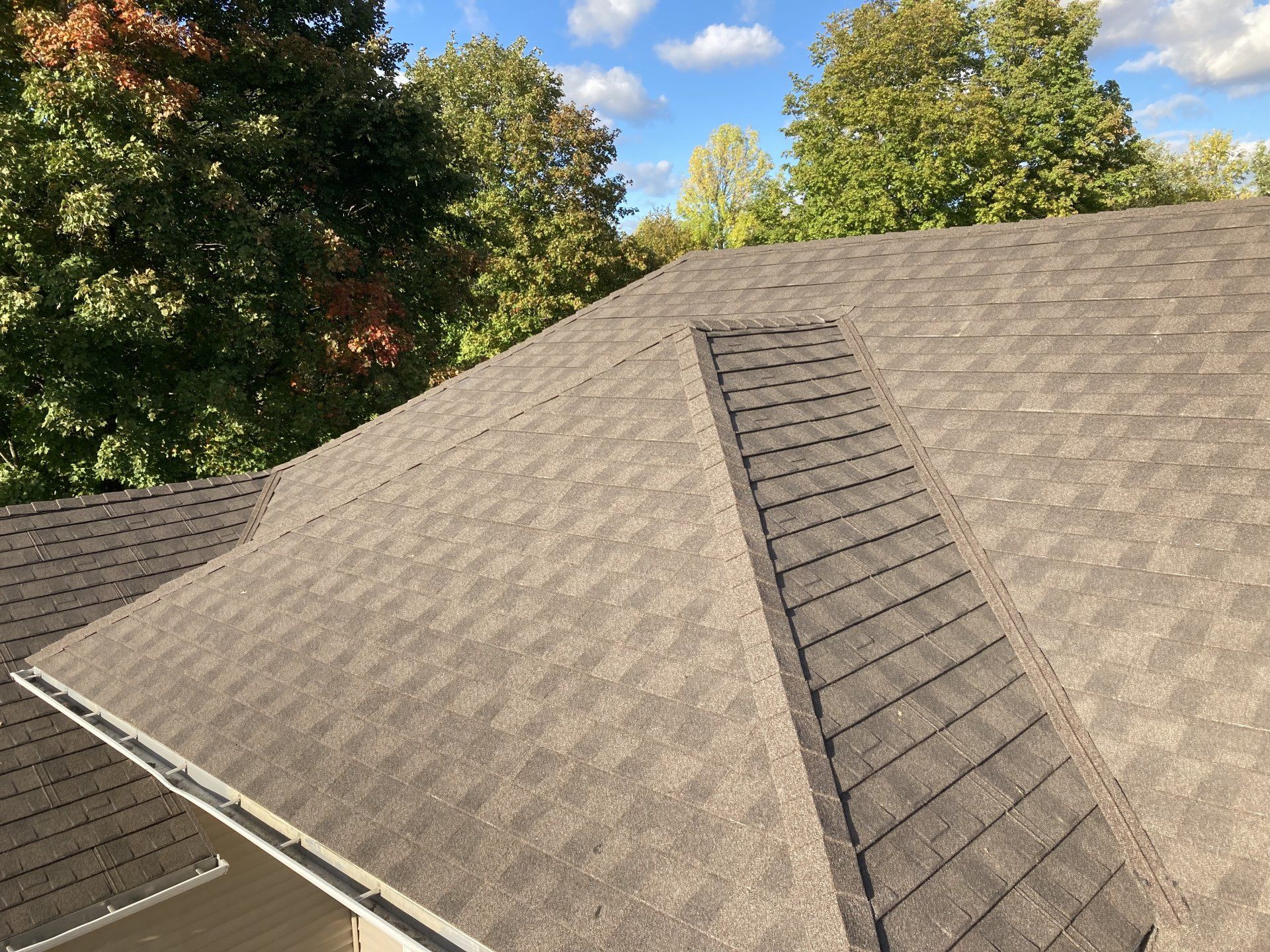 Shingled roof with a ridge vent, surrounded by trees under a blue sky