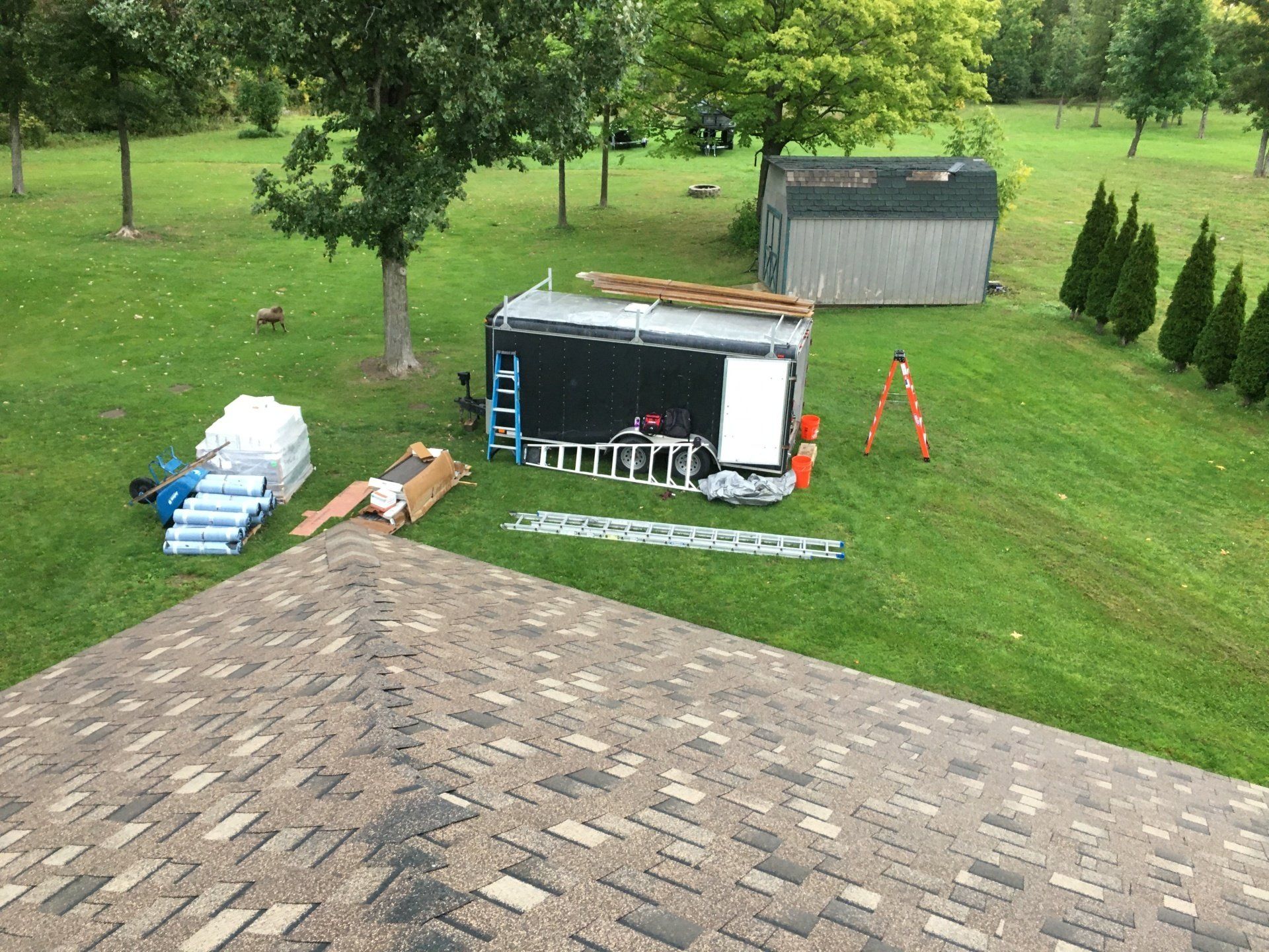 Backyard with a small black shed, roof shingles in foreground, and construction materials on the lawn.
