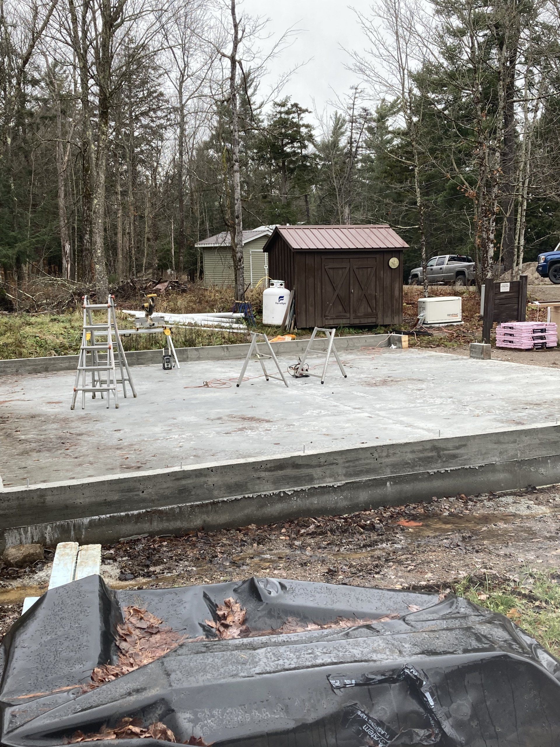Backyard with a small brown shed, bare trees, and a concrete pad near stacked materials and a ladder