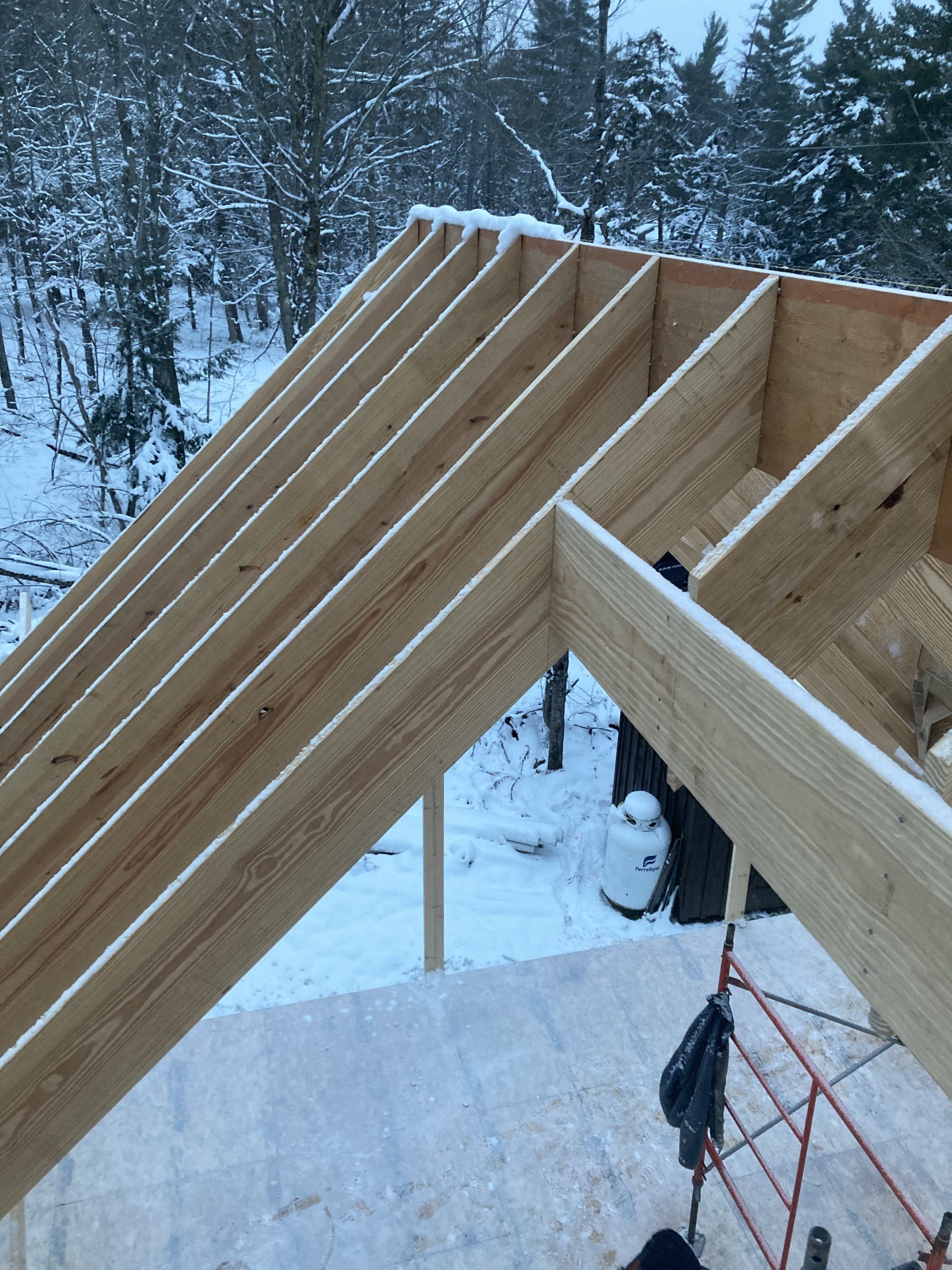 Wood-framed roof under construction in a snowy wooded area, with orange scaffolding below.