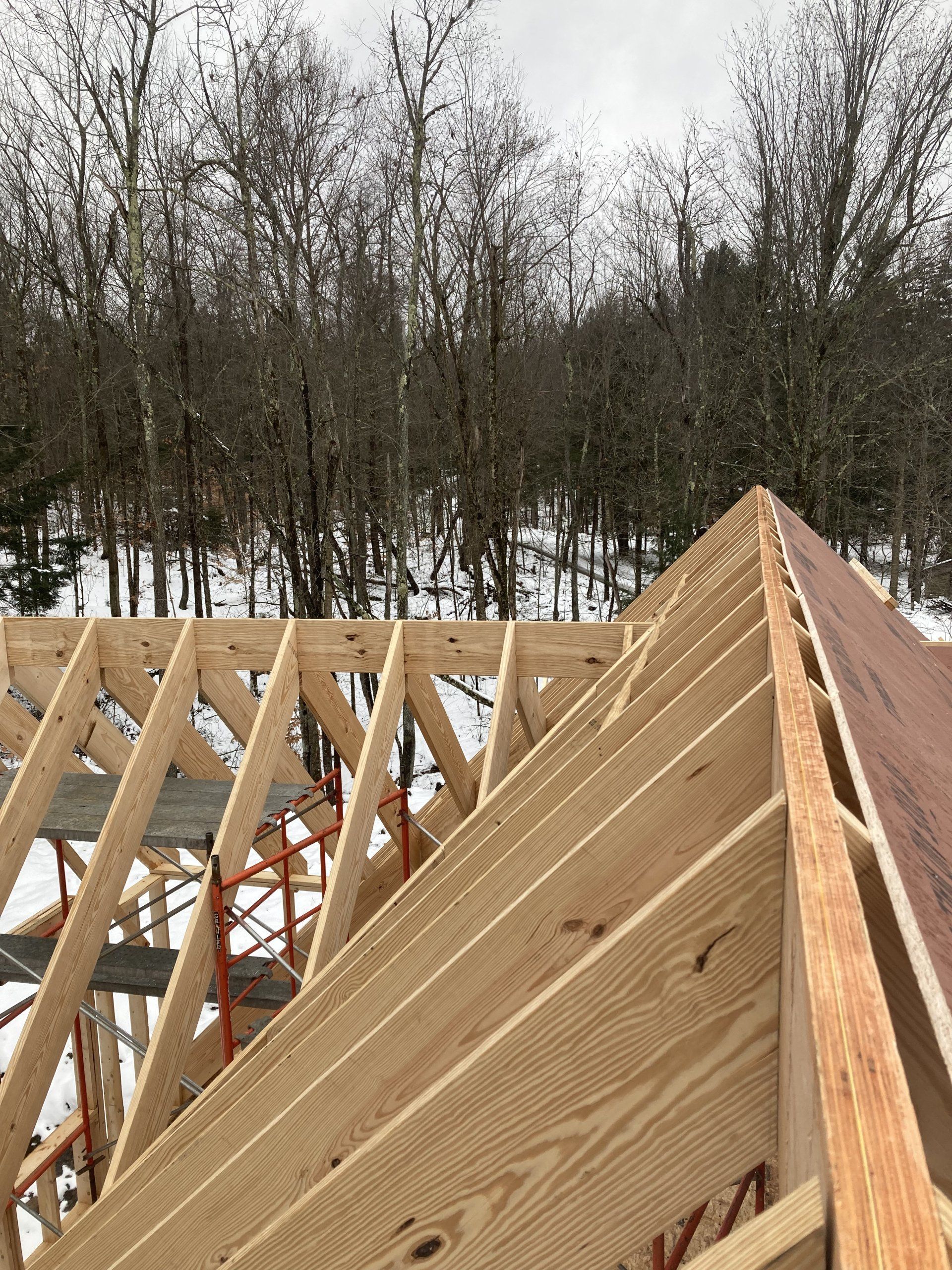 Wooden roof trusses under construction against a snowy tree line