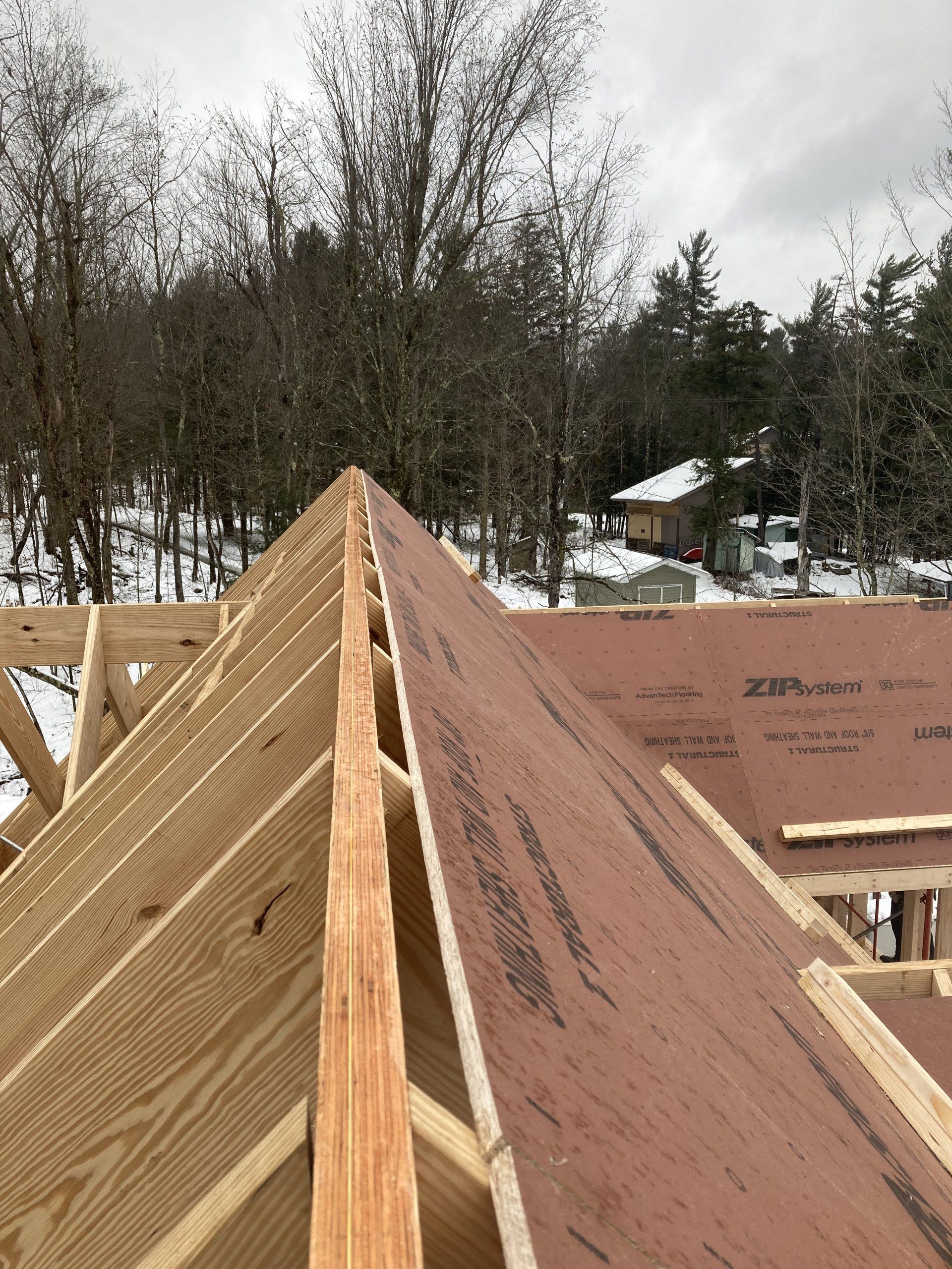 Roof framing under construction with plywood sheathing and a snowy wooded background
